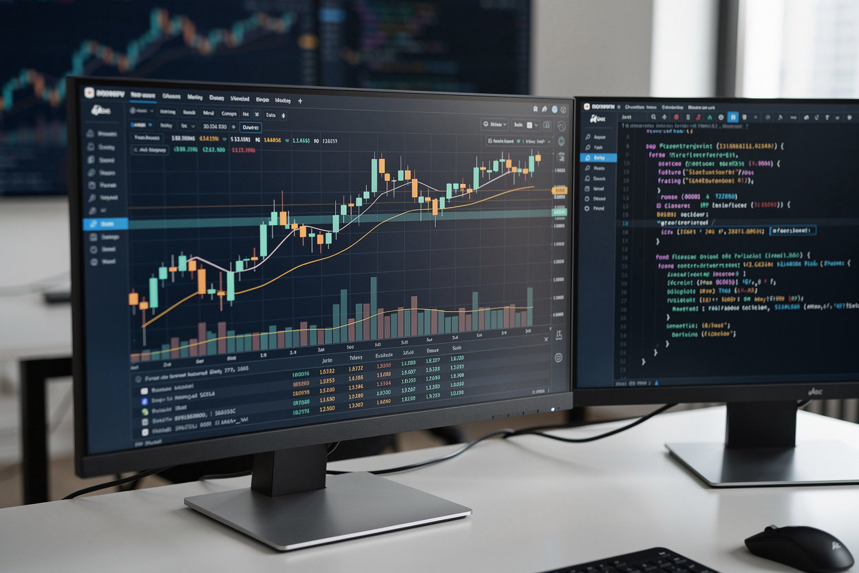 SQtrader custom trading bot development dashboard showing strategy chart and code for an MT5 trading bot built from trader rules