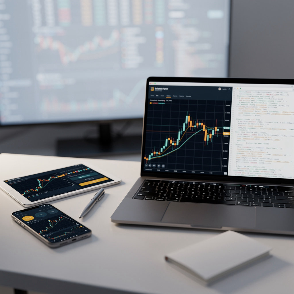 SQtrader conceptual trading chart and code workspace illustrating custom trading bot questions and answers