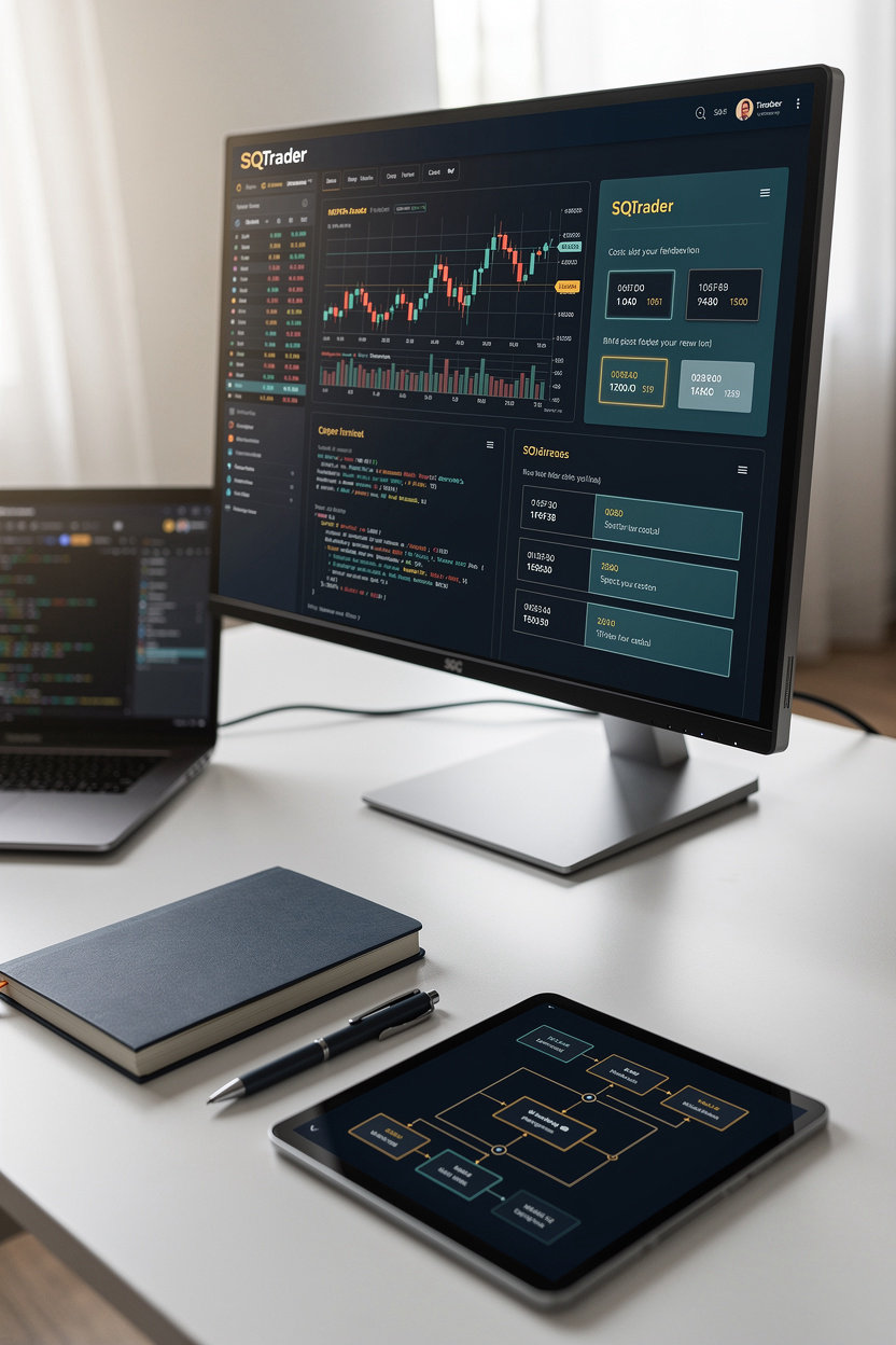 SQtrader custom trading bot cost overview showing trading charts and code, representing a quote built from strategy rules