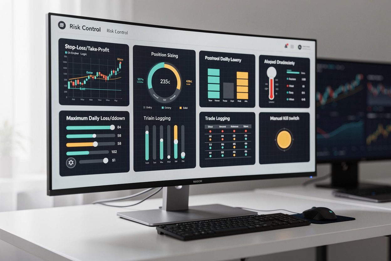 SQtrader trading bot risk controls dashboard showing stop-loss, position sizing and drawdown limits