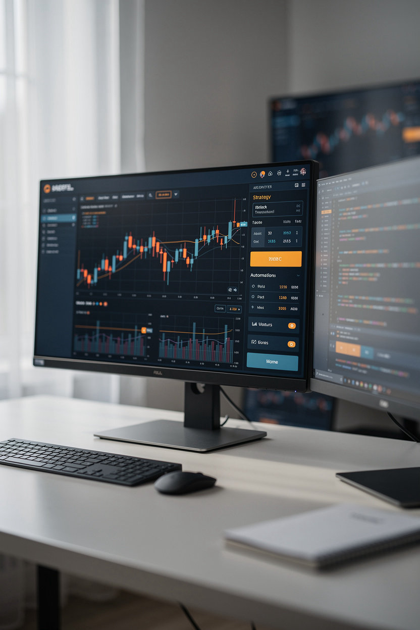 SQtrader custom trading bot development showing chart and code imagery for building an algorithmic trading bot from a strategy spec