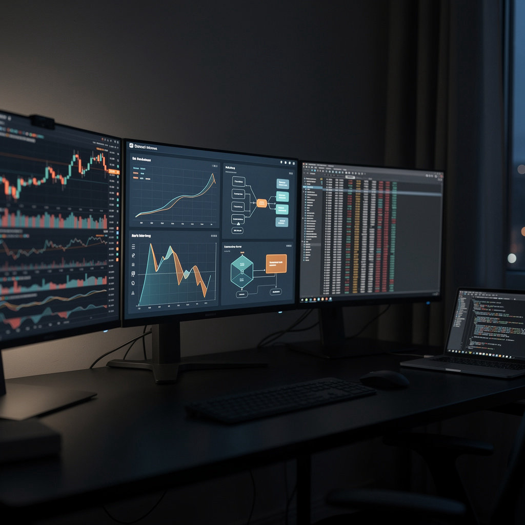 SQtrader custom trading bot charts and code editor showing algorithmic trading automation built from a trader's own strategy rules